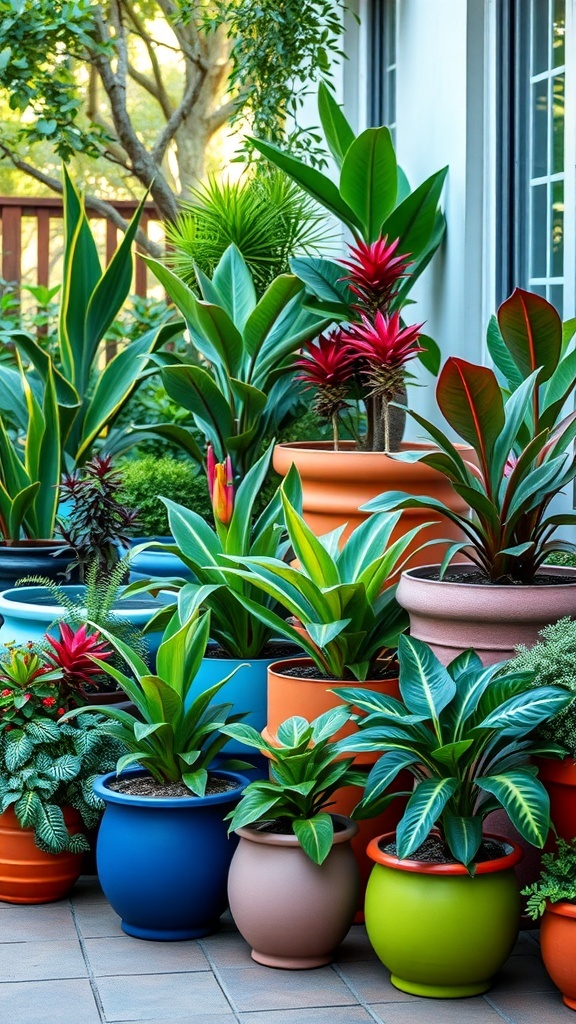 A vibrant tropical container garden with colorful pots and lush plants.