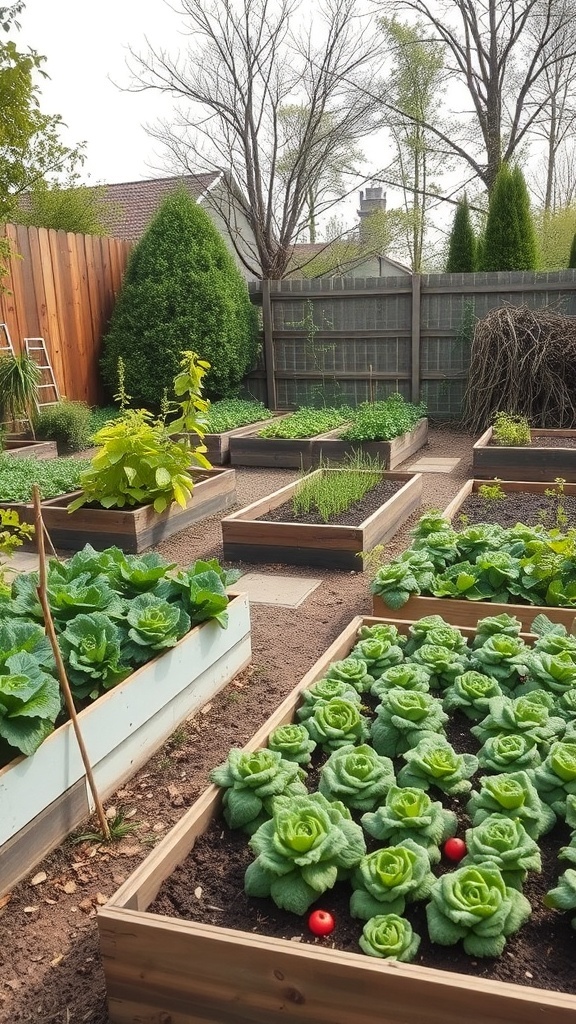 A sustainable vegetable garden with raised beds filled with lettuce and herbs, surrounded by greenery and a wooden fence.
