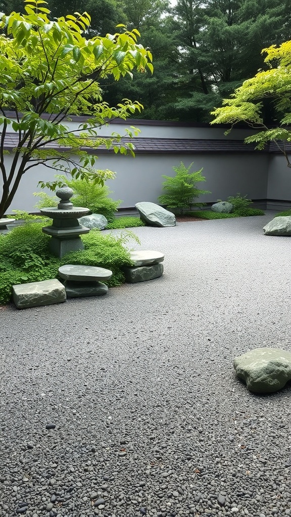 A serene Zen garden with smooth stones, gravel, and lush greenery.