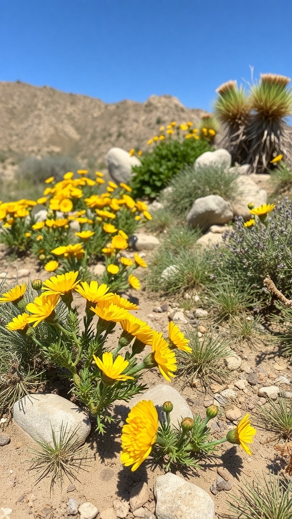 A cluster of yellow Sunny Rockrose flowers growing in a rocky, sandy area under a clear blue sky.