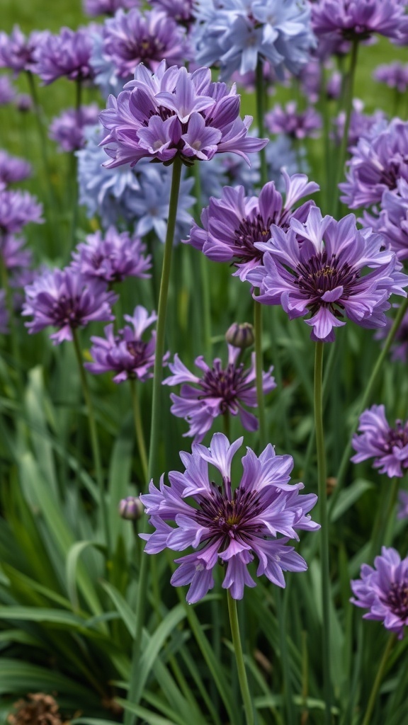 A cluster of Agapanthus flowers in shades of purple and blue, showcasing their vibrant colors and unique shapes.