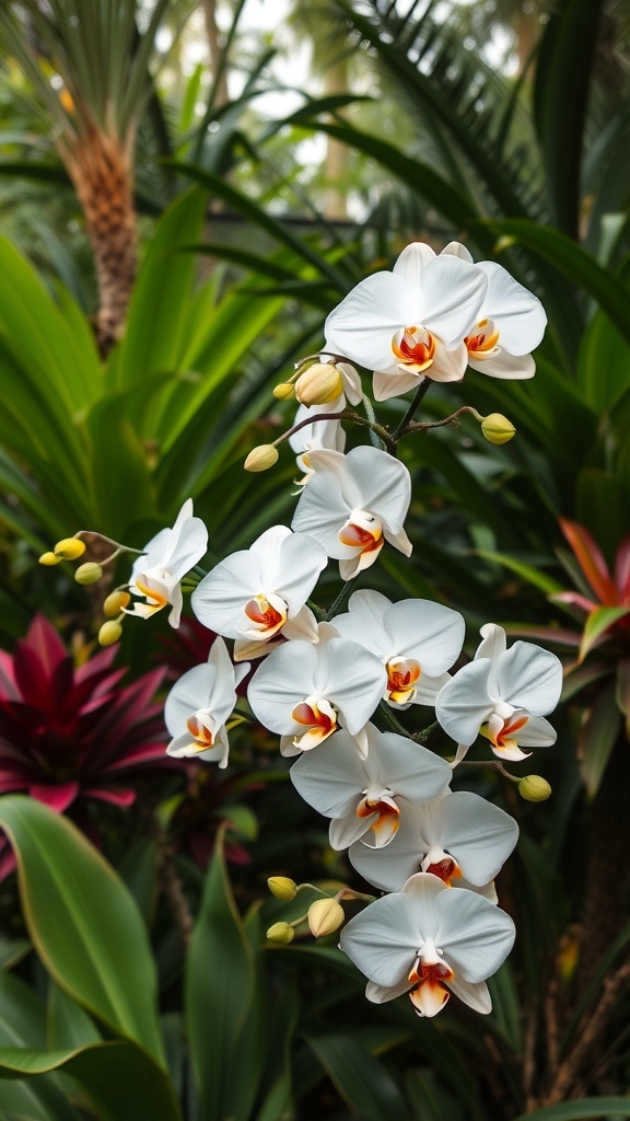 A cluster of delicate white orchids with hints of orange in the center, surrounded by lush green foliage.