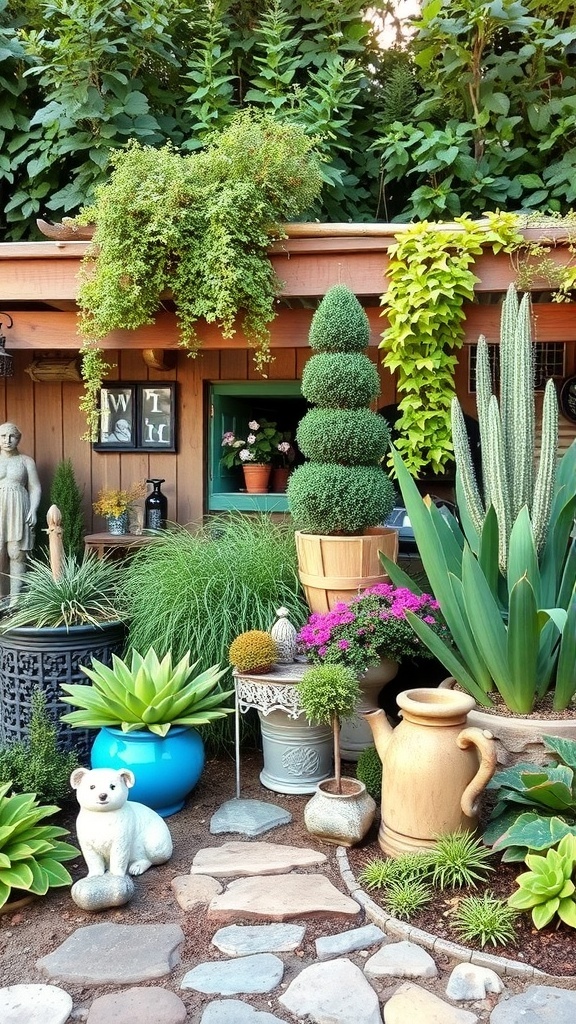 A vibrant garden featuring various plants, topiary, and whimsical decor, creating a charming outdoor space.