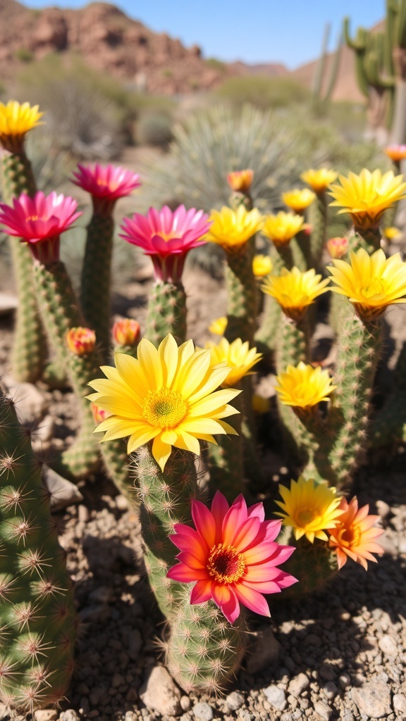 A cluster of flowering cacti with pink and yellow blooms in a desert landscape.