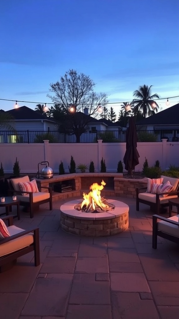 Cozy fire pit area with seating and string lights