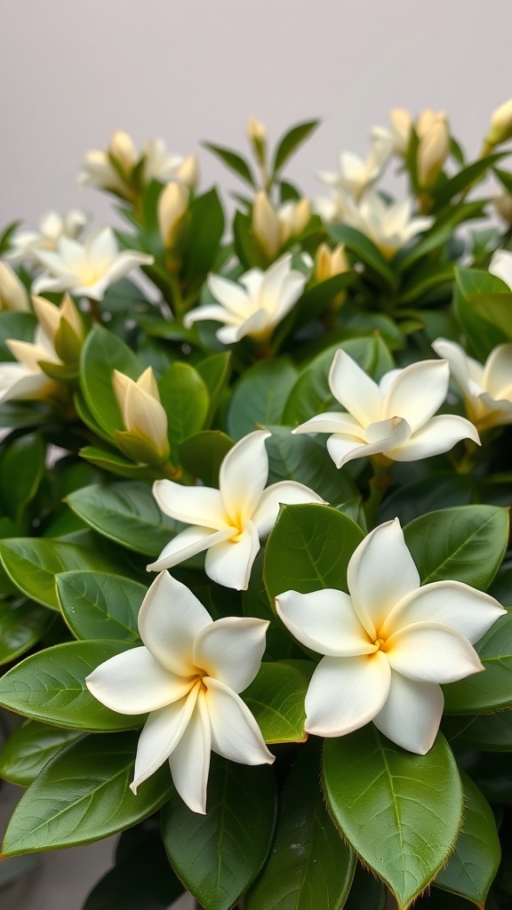 A close-up of blooming gardenias with white petals and green leaves.