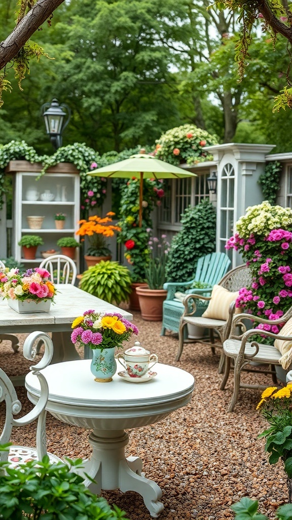 A vintage tea garden with colorful flowers, a cozy table set for tea, and rustic furniture.