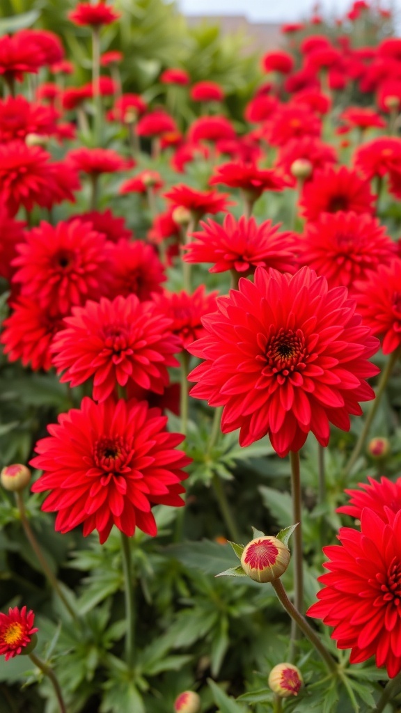 A vibrant display of red chrysanthemums in full bloom