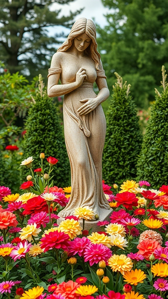 A garden sculpture surrounded by colorful flowers, including pink petunias and yellow daisies.