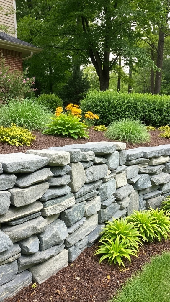 A stone wall surrounded by vibrant plants and flowers in a backyard landscape.