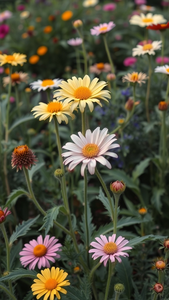 A vibrant flower garden featuring daisies in various colors, showcasing unique textures.