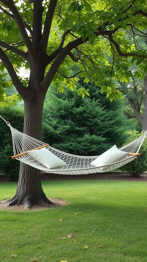 A cozy hammock with pillows hanging between two trees in a green backyard.