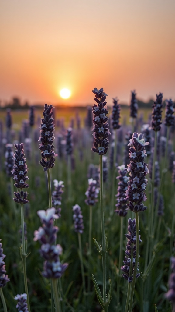 A field of lavender flowers with a sunset in the background.