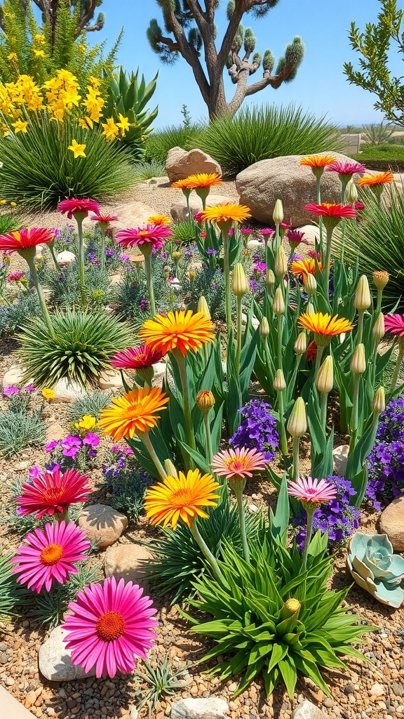 A vibrant flower garden featuring drought-resistant plants, showcasing colorful daisies and purple blooms.