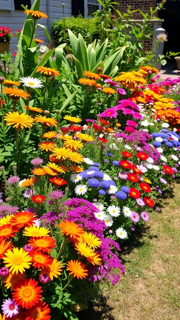 A colorful flower border featuring vibrant blooms in orange, pink, purple, and white.