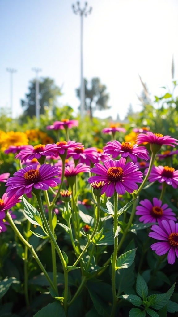 A vibrant display of purple zinnias in a sunny garden