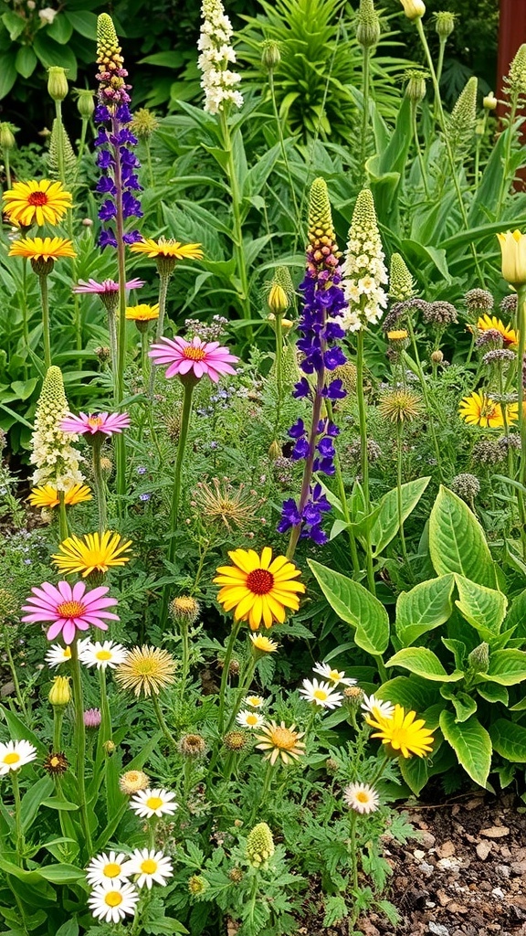 A colorful flower garden with various blooms and a decorative bird statue.