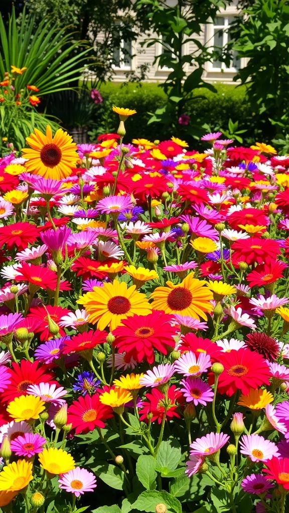 A vibrant flower bed filled with colorful daisies and gerberas in various shades of red, yellow, and pink.