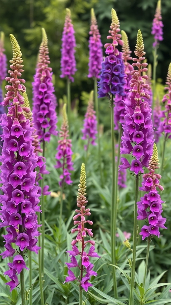 A vibrant display of purple snapdragon flowers in a garden setting.