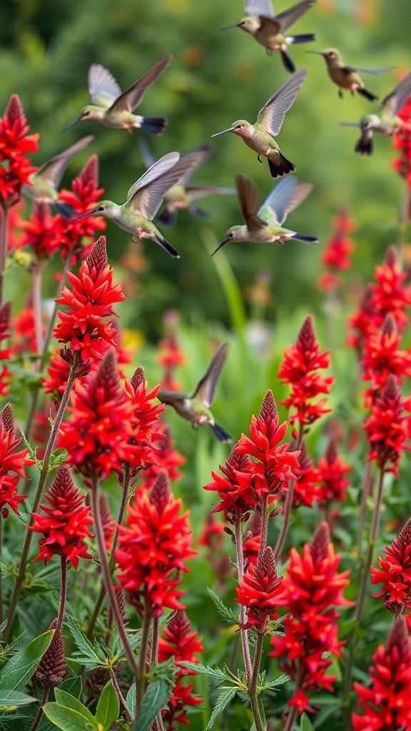 A vibrant display of red salvia flowers with hummingbirds flying around them.