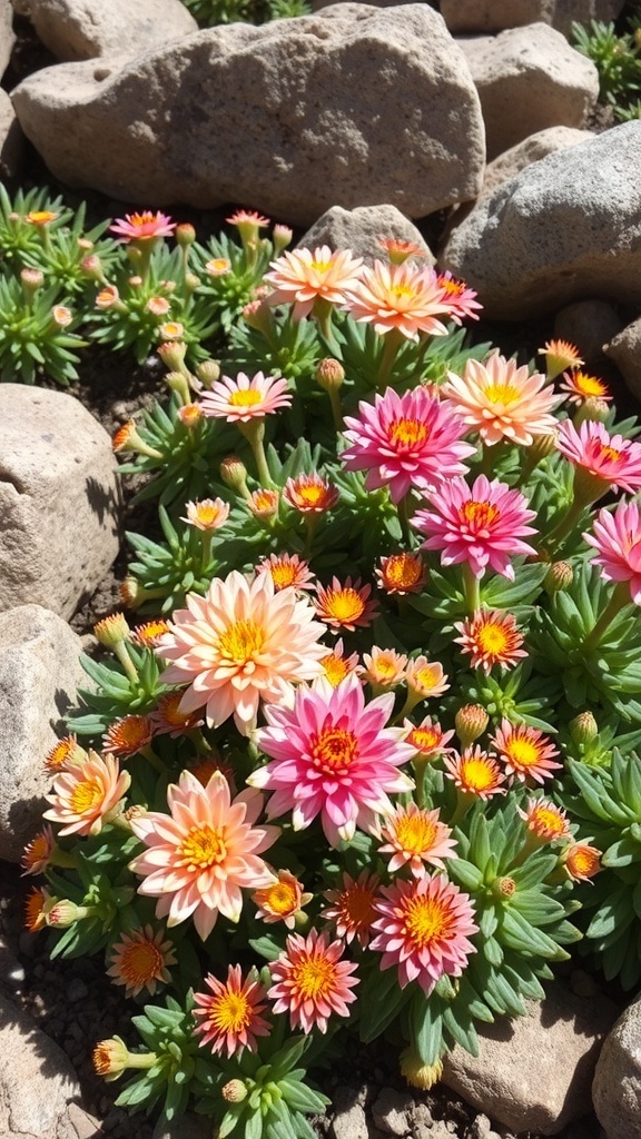 Colorful sedum flowers in shades of pink, orange, and yellow growing among rocks.