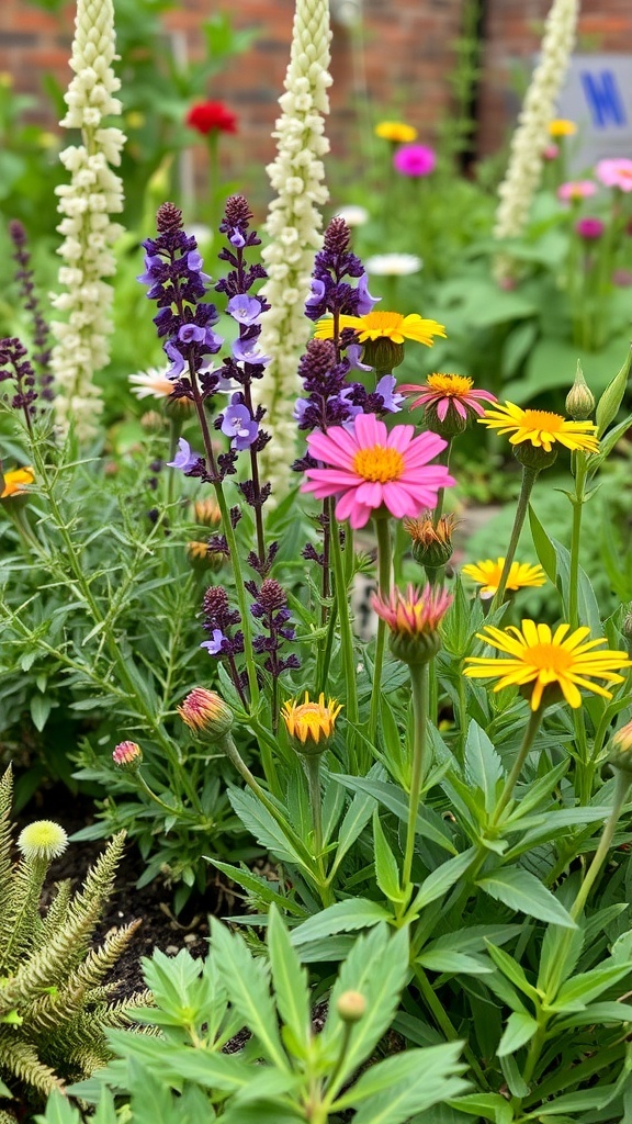 A colorful garden featuring various flowering herbs and flowers.