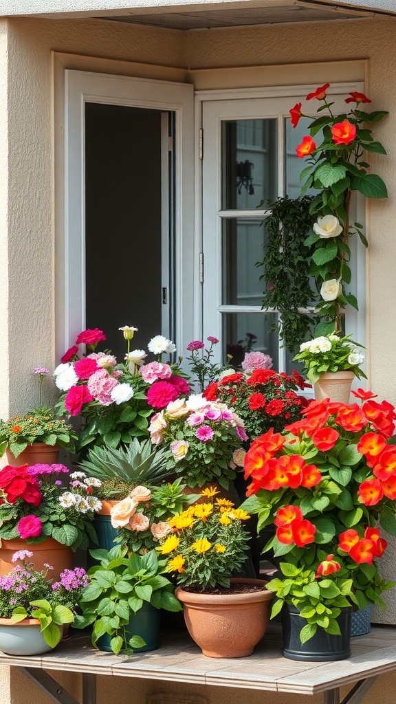 A colorful display of various flowers in pots on a table near a window.