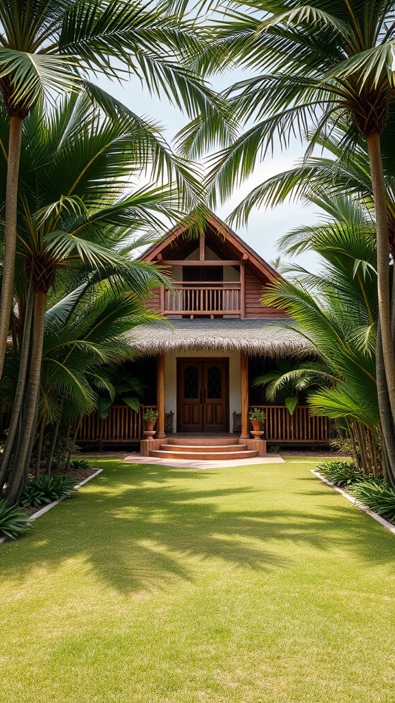 A cozy home surrounded by palm trees and a bamboo fence in a tropical garden setting.