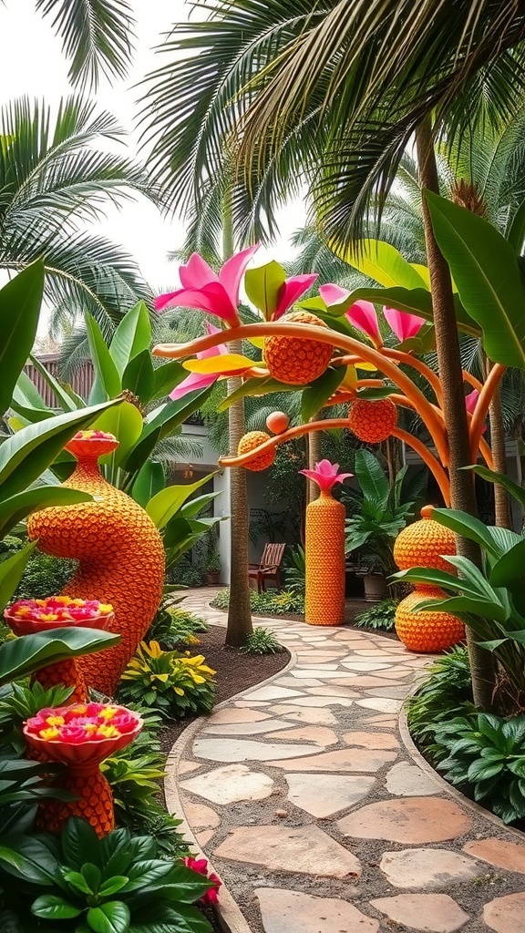 A vibrant tropical garden featuring colorful flowers and playful art installations.