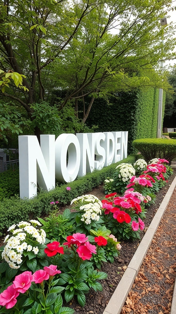 Colorful flower bed with pink and white flowers along a garden path
