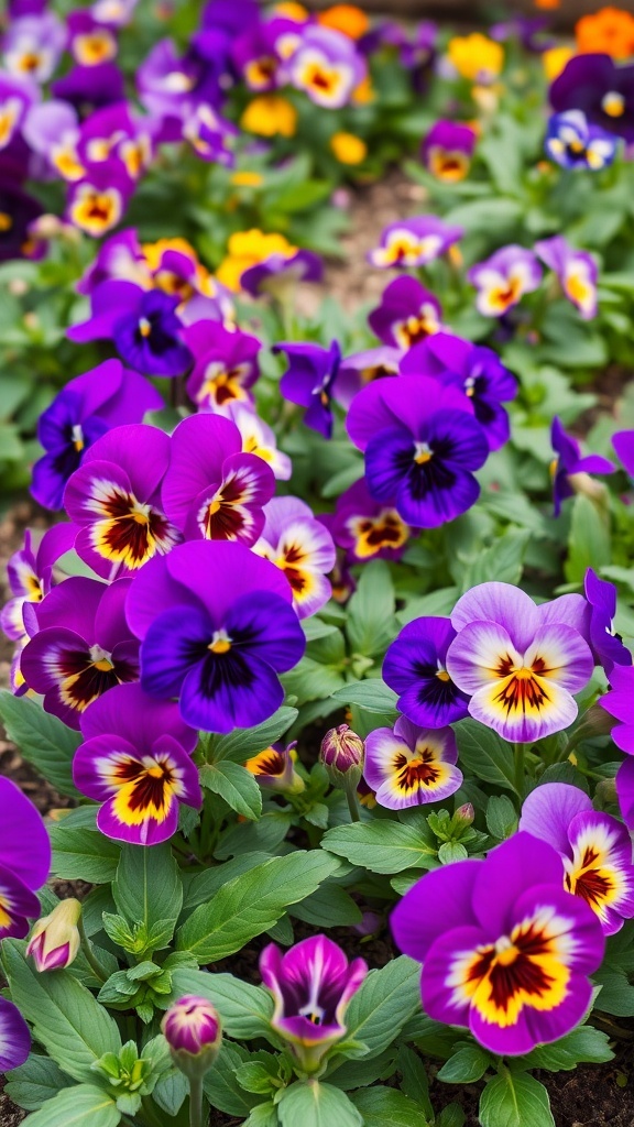 A vibrant display of pansies in various shades of purple and yellow, showcasing their cheerful faces and lush green leaves.