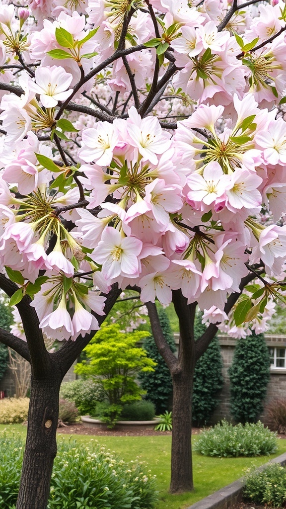 Beautiful flowering trees with pink blossoms in a garden setting
