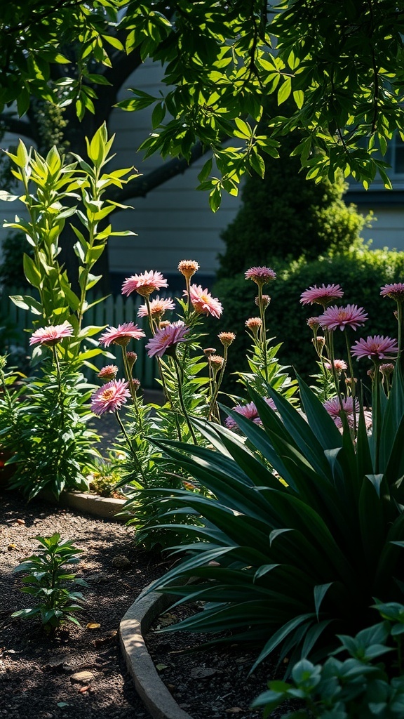A vibrant shade garden featuring blooming pink flowers surrounded by lush green foliage.