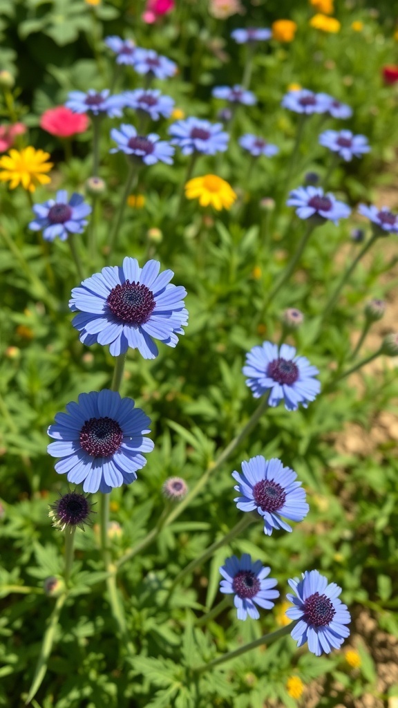A close-up of stunning blue scabiosa flowers in a garden