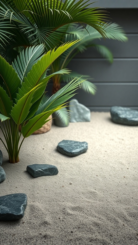A serene Tropical Zen Garden featuring palm leaves and smooth stones on sandy ground.