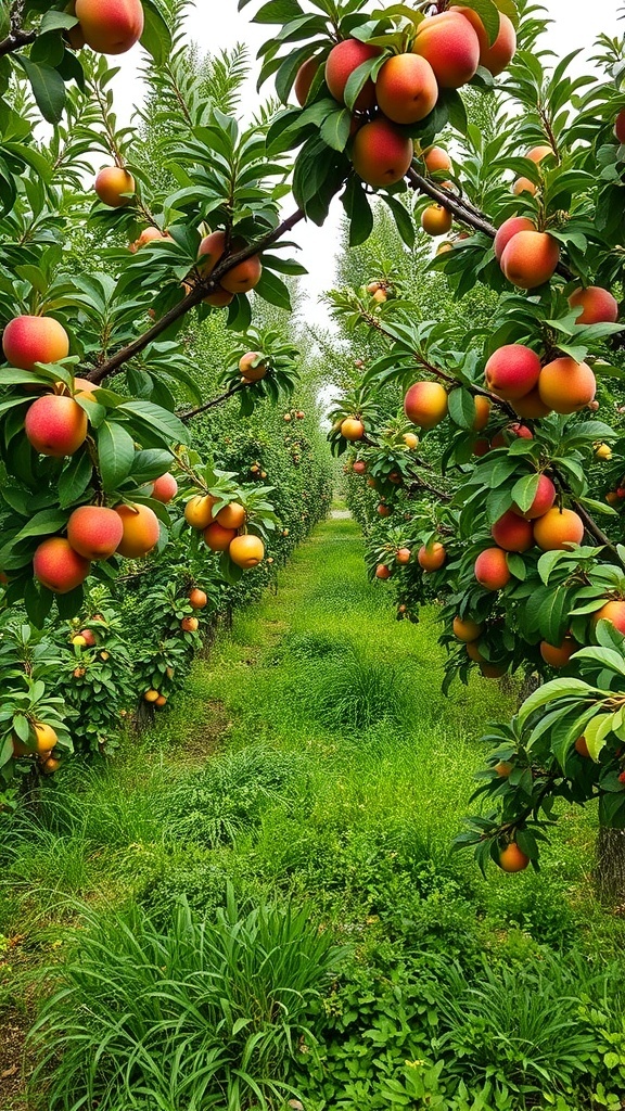 A vibrant fruit orchard with rows of apple trees and a green grassy path.