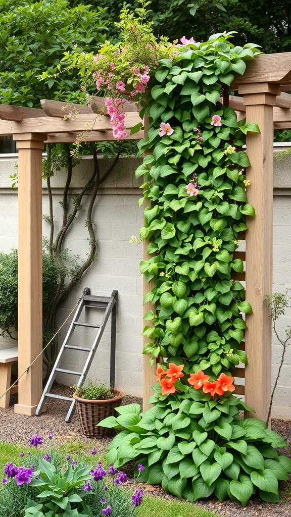 A wooden trellis covered in green vines and colorful flowers, with a ladder and potted plants nearby.