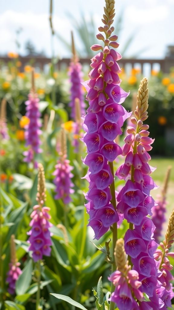 A close-up of blooming foxglove flowers in vibrant purple, standing tall in a sunny garden.