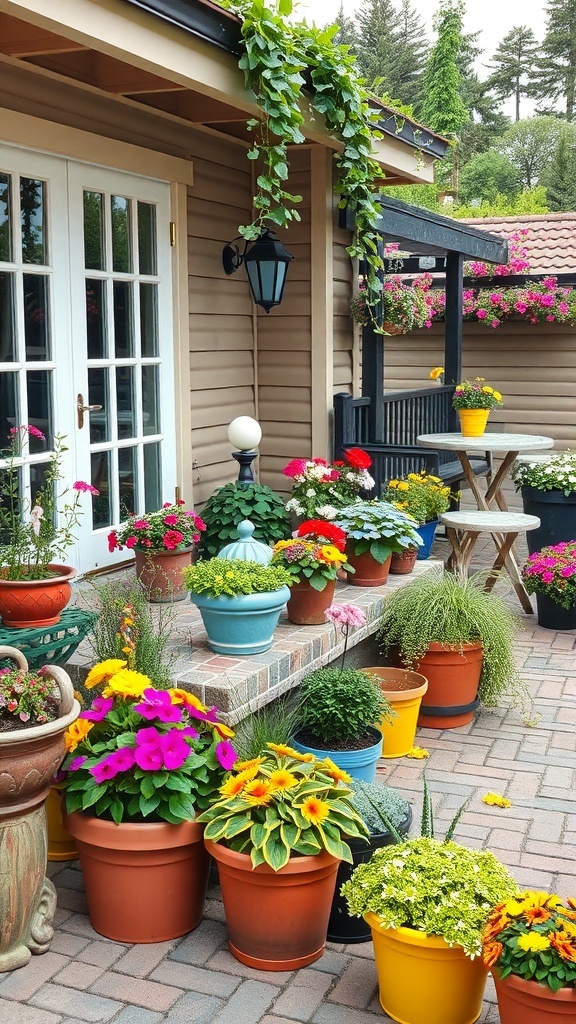A vibrant container garden with various colorful pots filled with flowers and greenery.