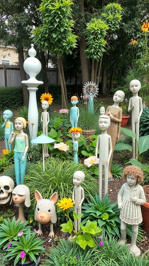A whimsical garden featuring unique sculptures, colorful flowers, and greenery.