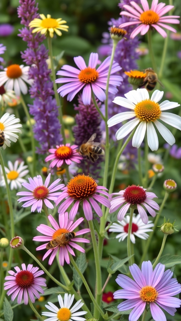 A colorful flower garden with various blooms attracting bees.