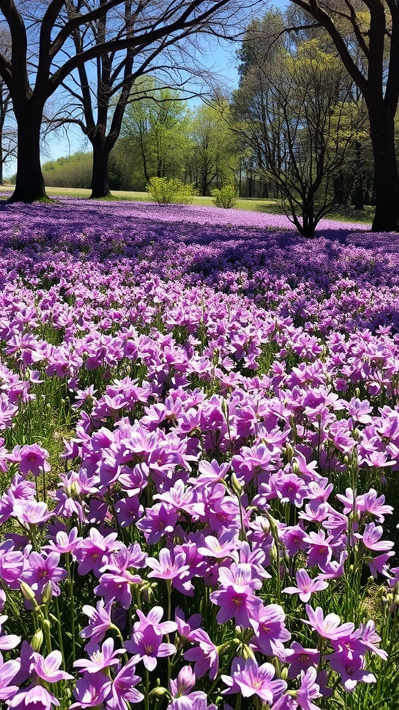 A field of vibrant purple bellflowers blooming under trees.