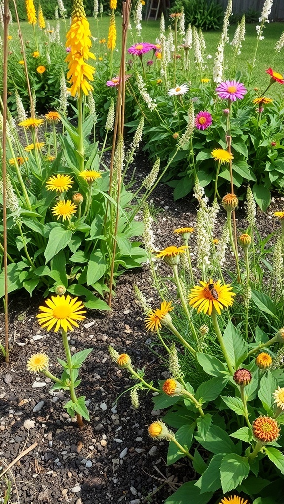 A colorful pollinator-friendly garden featuring yellow daisies, pink zinnias, and other vibrant flowers.