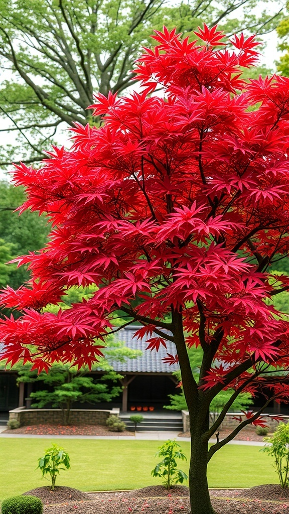 Vibrant red leaves of a Japanese Maple tree with a soft background