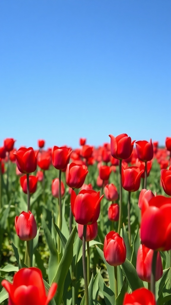 A field of vibrant red tulips against a clear blue sky.