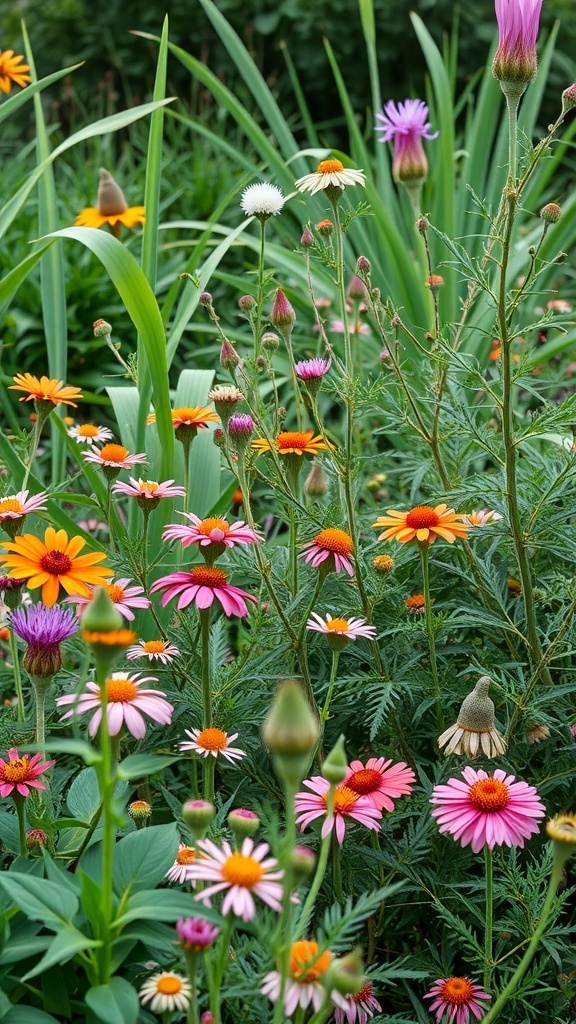 A vibrant flower garden featuring a variety of native plants with colorful blooms.
