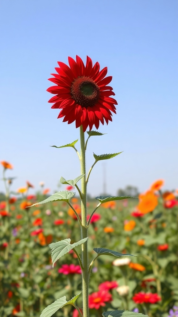 A vibrant red sunflower standing tall in a field of colorful flowers against a blue sky.