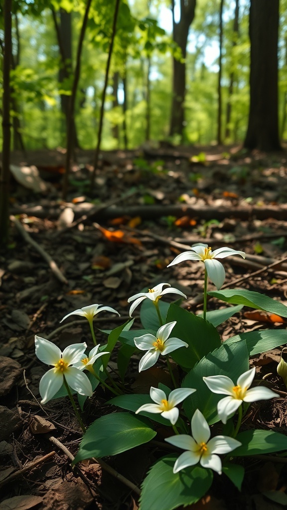 A cluster of white trillium flowers blooming in a woodland area, surrounded by green leaves and trees.