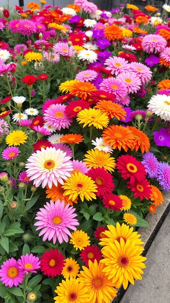 A colorful flower garden filled with various blooms in pink, yellow, orange, and white.