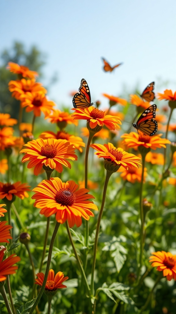 Vibrant orange Tithonia flowers with butterflies in a sunny garden